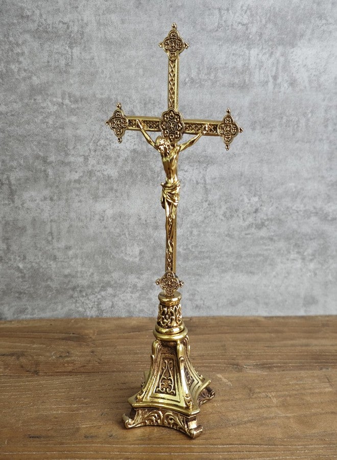 BC BUILDCLASSIC صليب معدني قائم من BC Catholic، صليب يسوع المسيح للمذبح، هدايا زفاف كاثوليكية، ديكور منزلي ديني، ارتفاع 7.8 بوصة، مصنوع من سبائك الزنك المطلية بالذهب من Buildclassic - Image 4